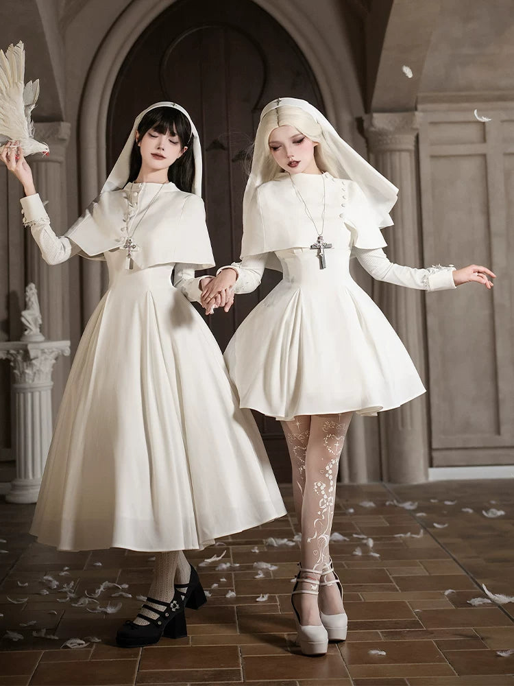 With PUJI - Nihil - Gothic Nun Lolita OP Dress, Irregular Hem Cape detail view 3