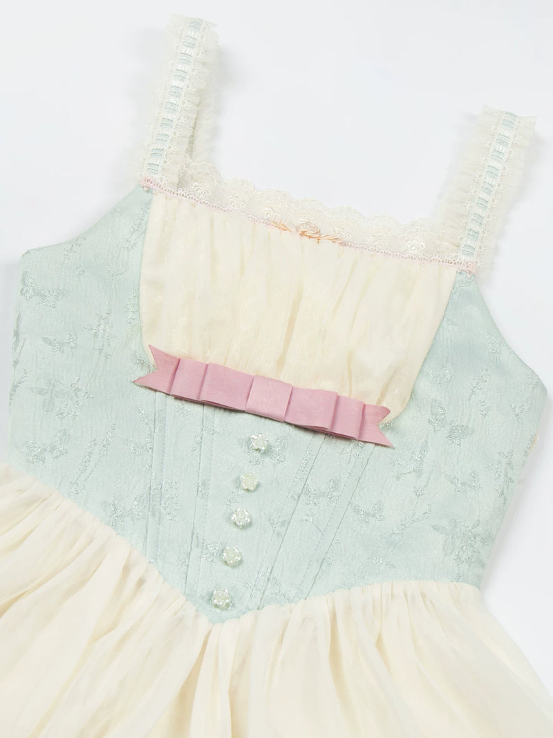 With PUJI - Sea Salt Soda - Classic Lolita Adjustable Corset JSK Dress, Tiered Tulle Hem detail view 4