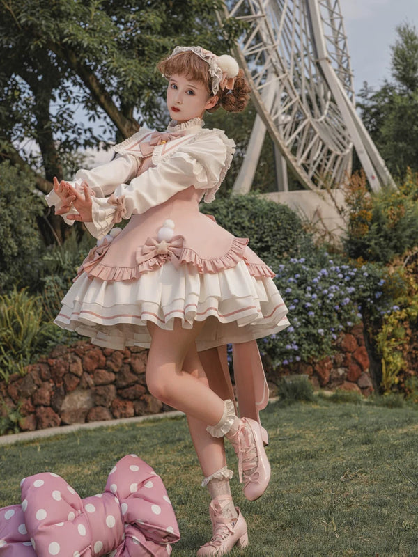 Pink Fan Hua Xin Magical Girl long-sleeve Lolita dress, full worn view