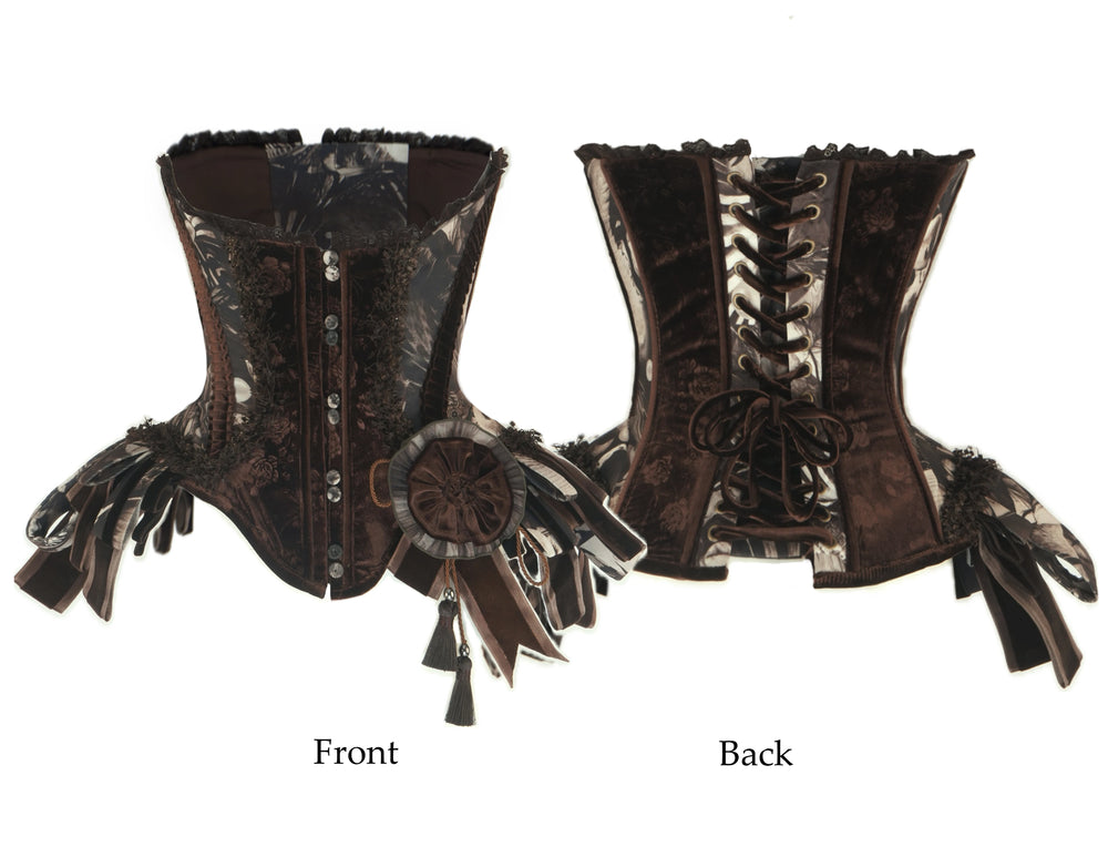Coffee and black waist cincher designs with lace and ribbon details.