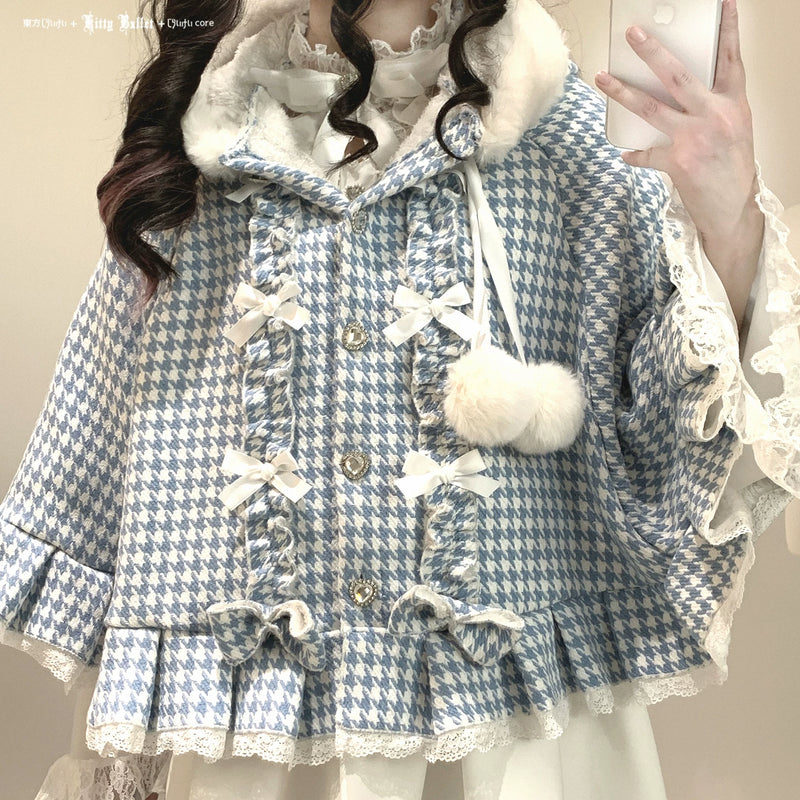 KittyBxllet Pompom Sweetheart Houndstooth Hooded Cape — additional product view