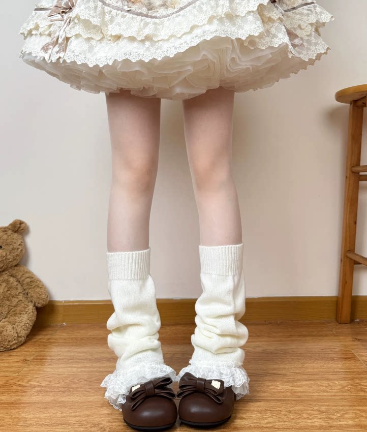 Fantasy Doll - Bowed Lace Layers - Knit Mid-Calf Leg Warmers with Lace Ruffles and Bows