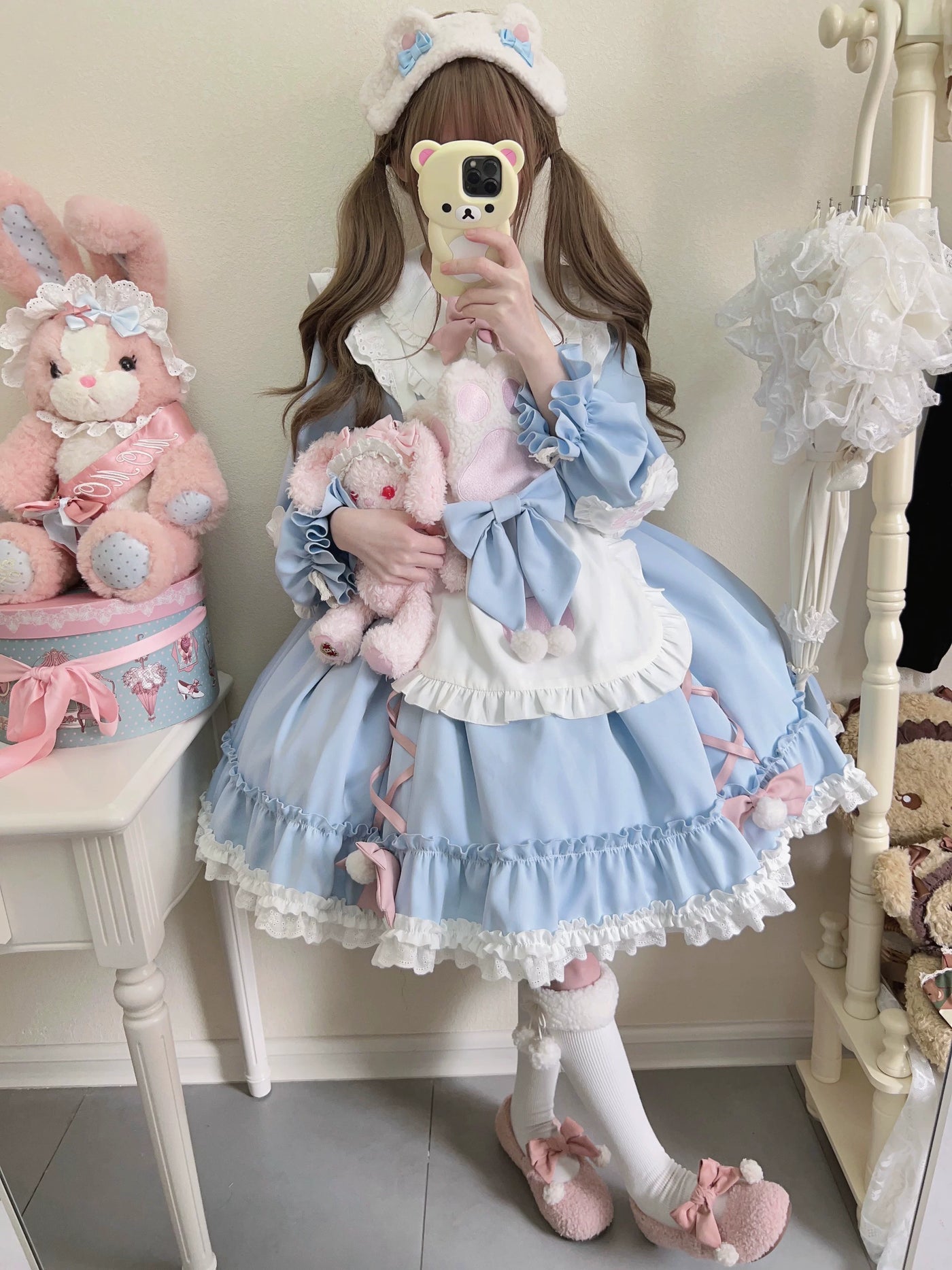 Tata Long Ear - Meow Meow - Blue OP Dress with a Ruffled Apron