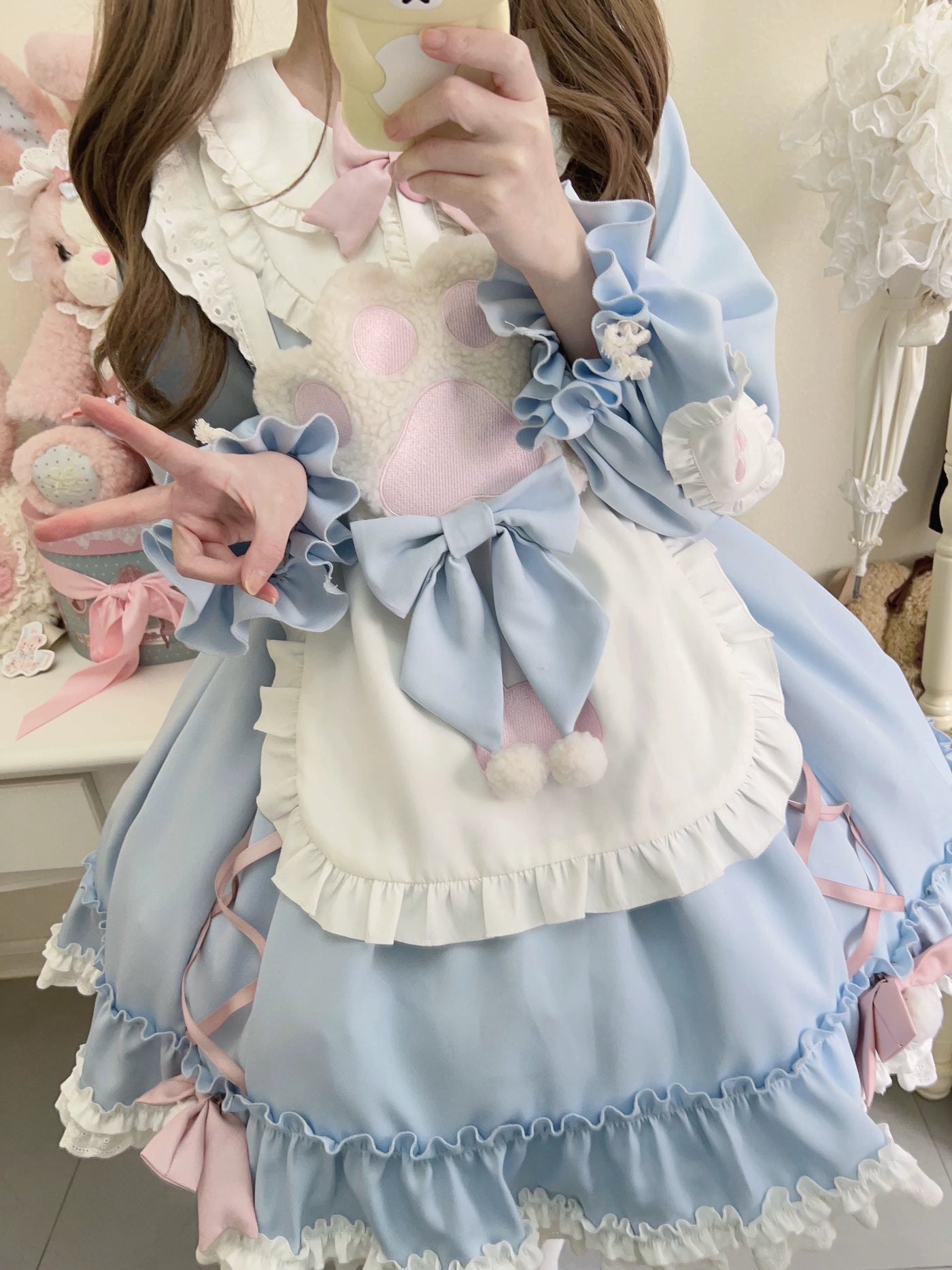 Tata Long Ear - Meow Meow - Blue OP Dress with a Ruffled Apron