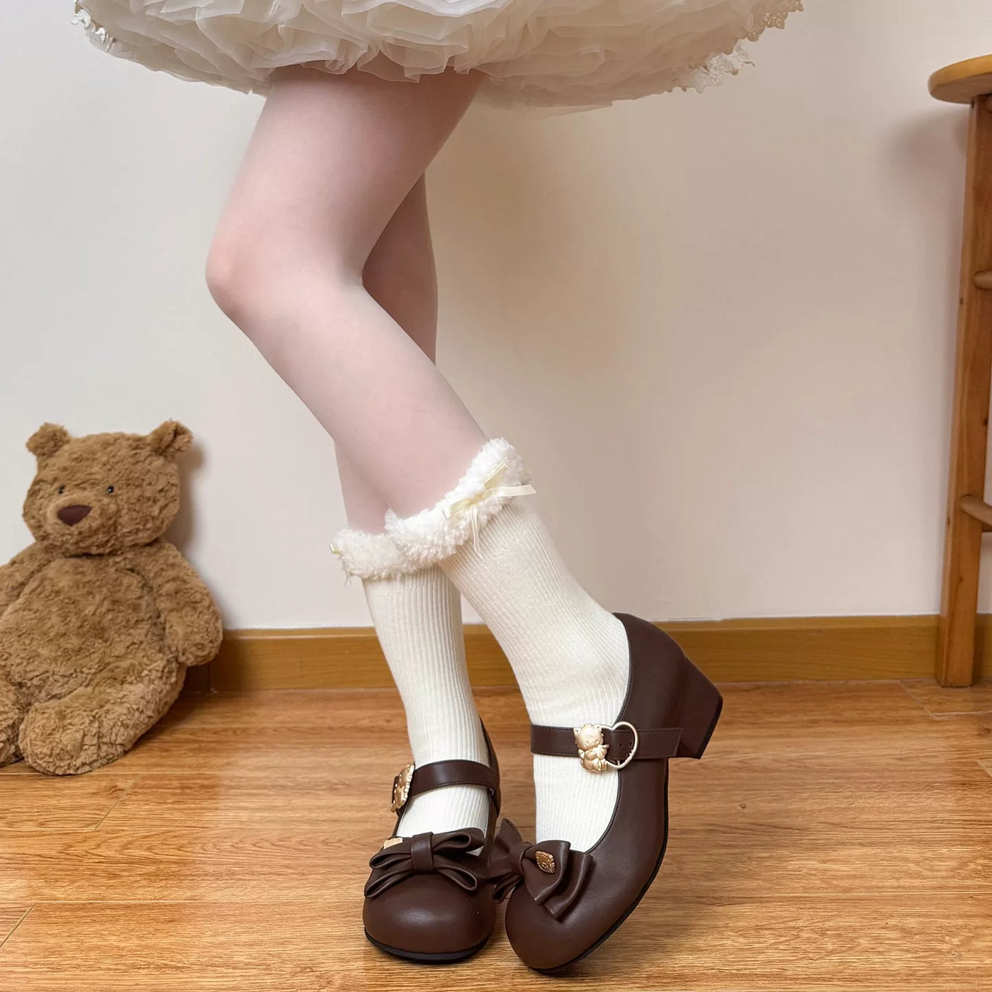 Chubby Bear Tales - Fuzzy Bow Cuff - Plush Mid-Calf Slouch Socks with Ribbon Ties