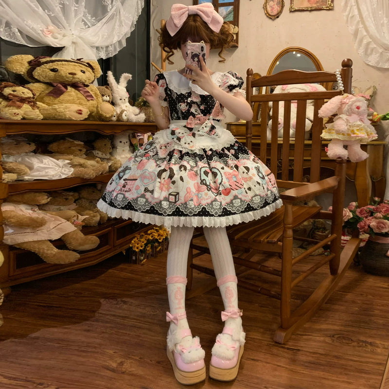 Yanran - Sweet Puppy Print Lolita OP - One-piece Sweet Lolita dress