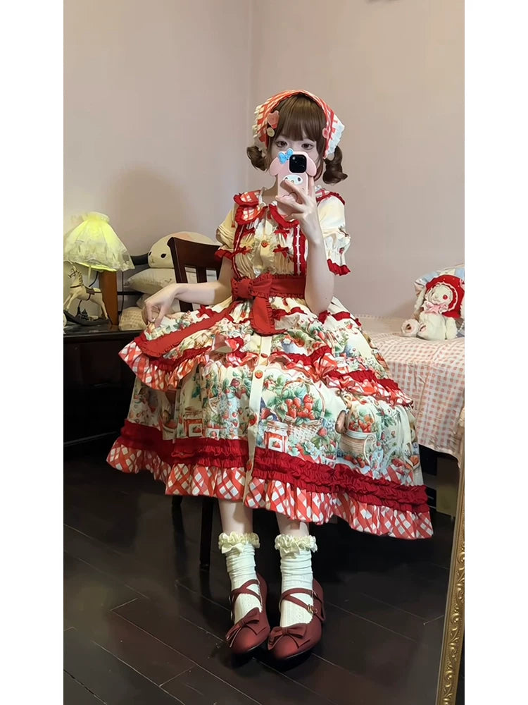 Dream Bunny - December Strawberry Field - Strawberry-Print One-Piece Dress with Red Gingham Ruffles