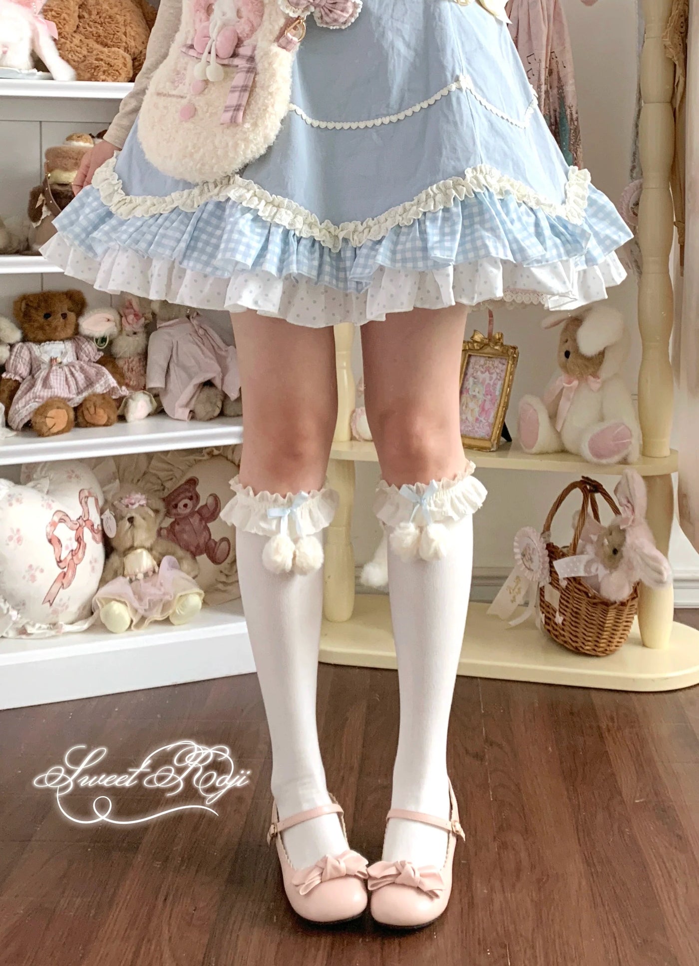 Roji Roji - Lolita Calf & Over-Knee Socks, Pom-Pom Accents Blue Calf Socks