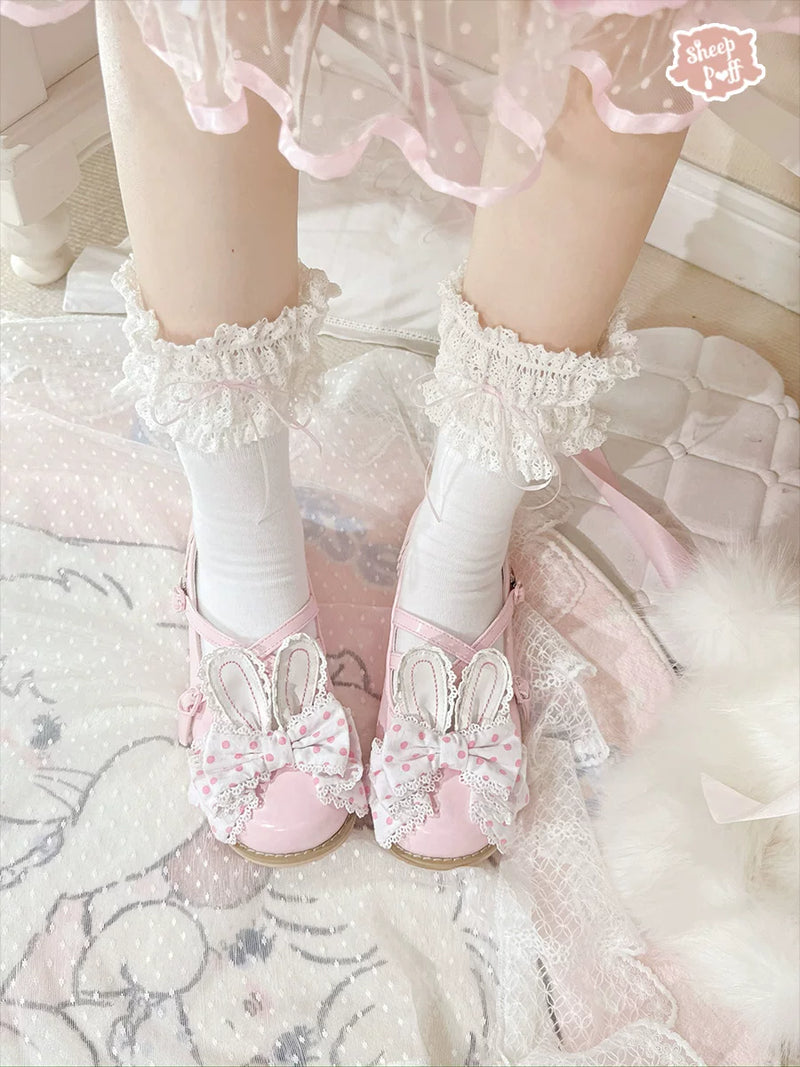 Sheep Puff Candy Bunny Low Heel Lolita Shoes featuring cute sheep and bunny details in a sweet, pastel-colored design.