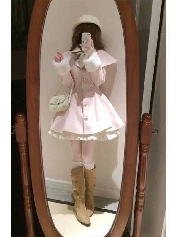 Creamy - Winter Cape - Pink OP dress with cape sleeves and fluffy cuffs