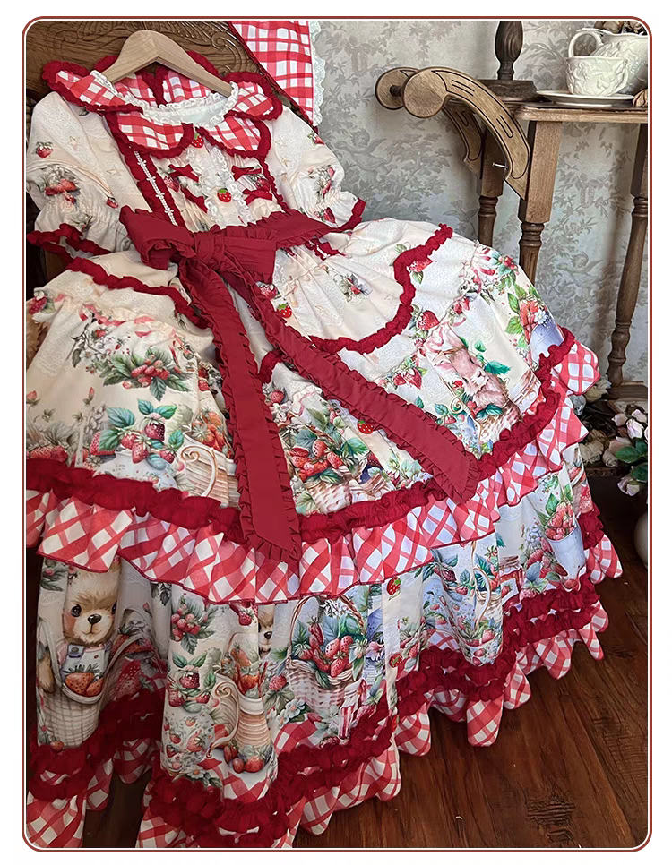Dream Bunny - December Strawberry Field - Strawberry-Print One-Piece Dress with Red Gingham Ruffles