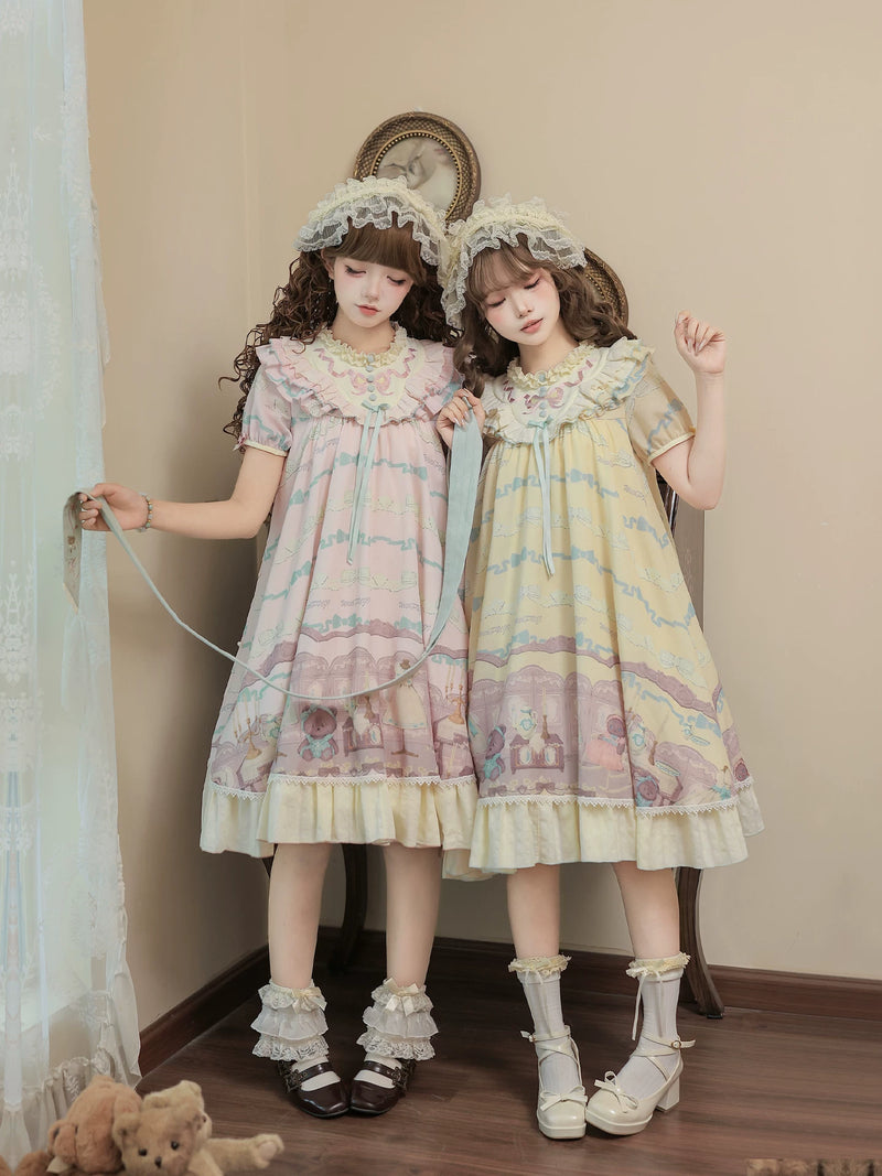 With PUJI - Brown Dollhouse SP - Kawaii Lolita Dollhouse Printed OP Dress with Embroidery detail view 3