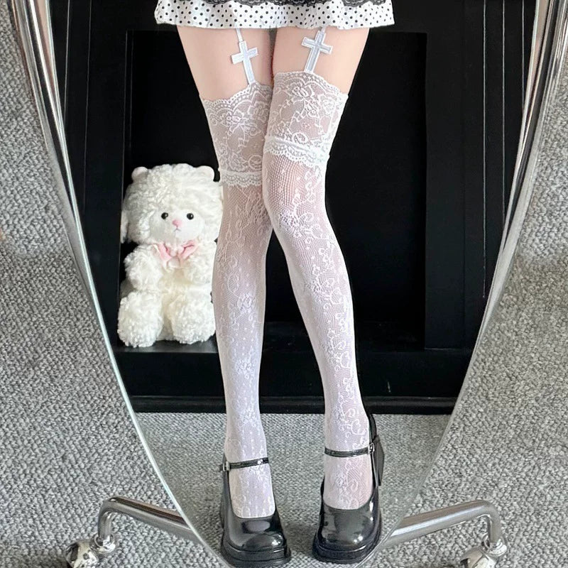 Fantasy Doll - Cross Lace - Floral Fishnet Over-the-Knee Tights with Cross Garters