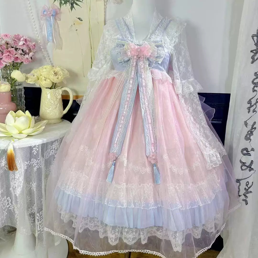 Lady Han Peach Spring Chinese JSK dress by Lolita Fetch featuring delicate floral patterns and traditional design details.