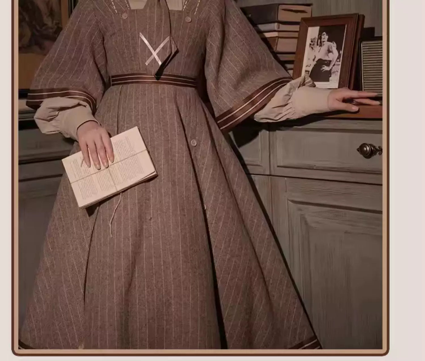 Baozi Pig - Detective Era - One-Piece Dress and Woolen Coat Set with Pinstripes