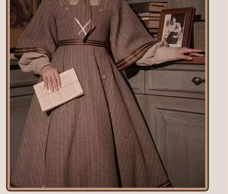 Baozi Pig - Detective Era - One-Piece Dress and Woolen Coat Set with Pinstripes