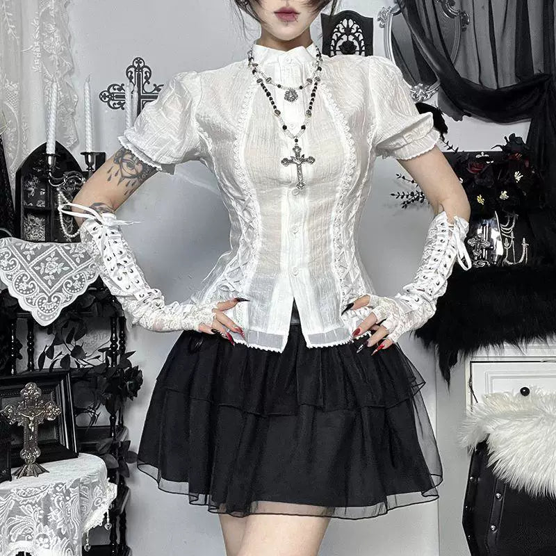 Front view of white high-neck Lolita blouse with lace trim and button closure