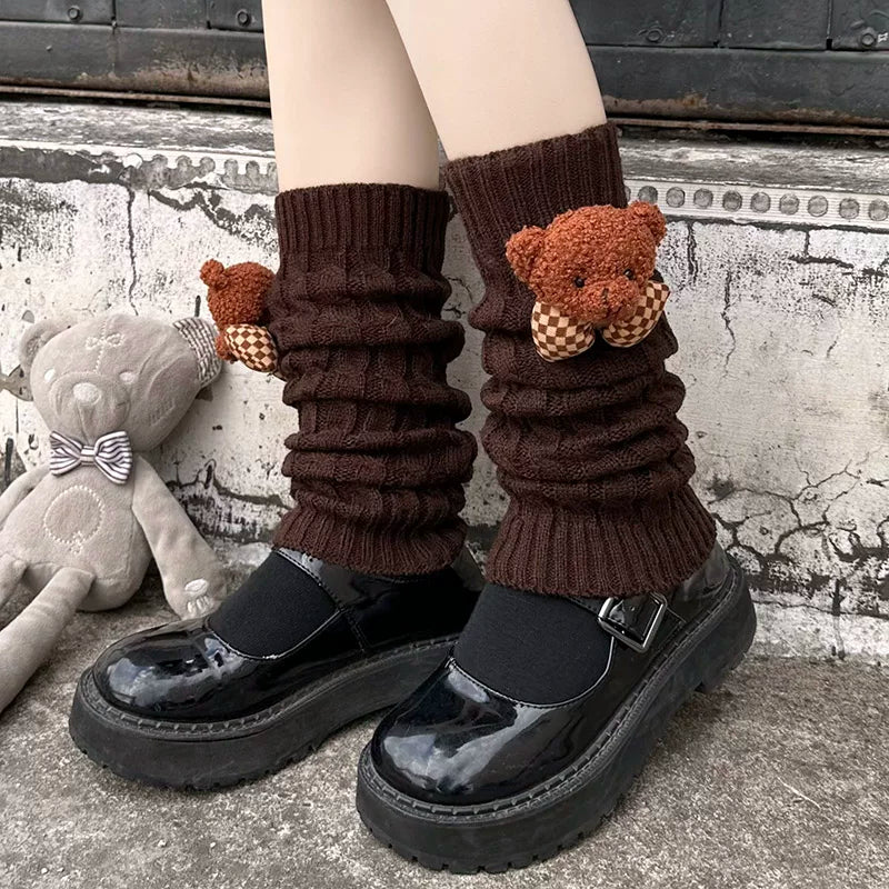 Floral Milk Cat - Teddy Bear Bow - Knitted Leg Warmers with Teddy Bear Accents