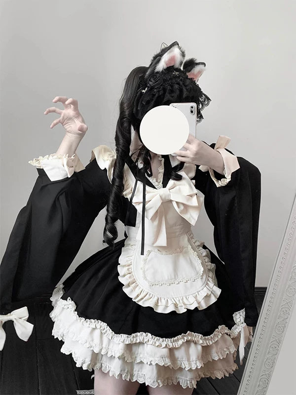 Creamy - Black and Ivory Maid - Two-Piece Dress and Suspender Apron Set with Bows