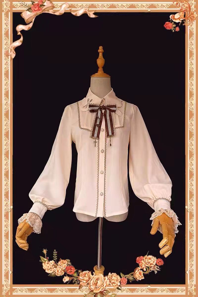 Elegant Lolita Embroidery Lapel Blouse S apricot-thin version (without bow brooch)