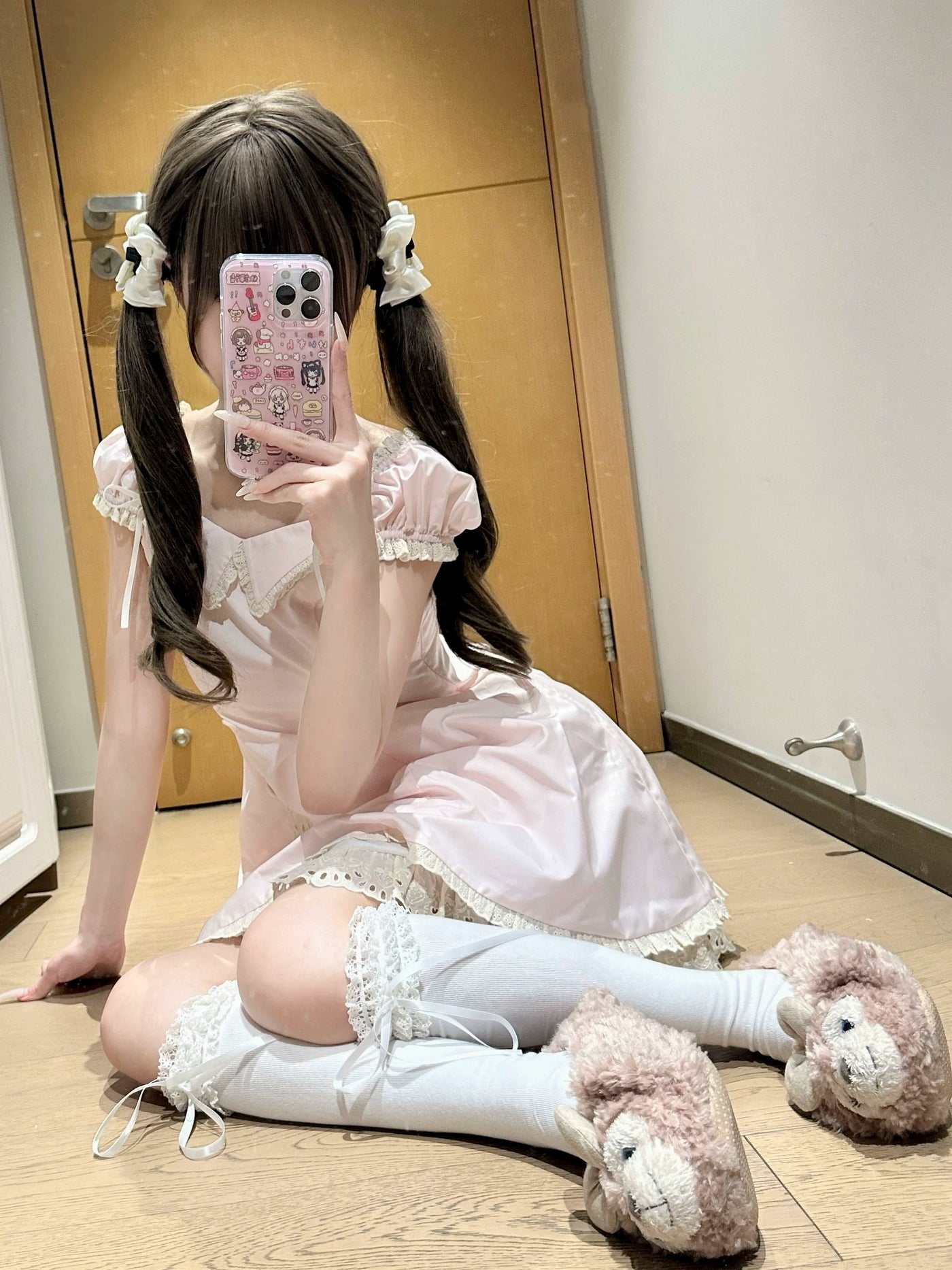 Cat Upon Cat - Little Cream - Pink Short-Sleeve Dress, Blouse or JSK Set with Lace Trim