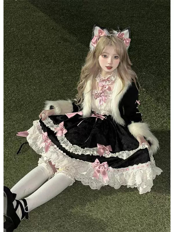 Creamy - Ribbon Noir - Dress Set with Fluffy Trim and Pink Ribbon Details