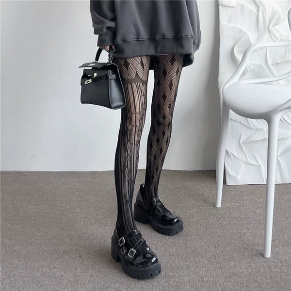 Caged Bird Hotel - Little Tooth Fairy - Gothic Lolita Fishnet Stockings with Diamond-and-Stripe Panels – detail view 2
