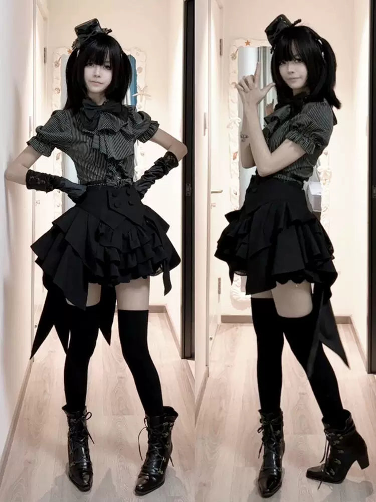 Dark striped blouse with waist cincher and layered black skirt