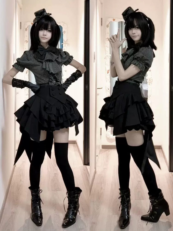 Dark striped blouse with waist cincher and layered black skirt
