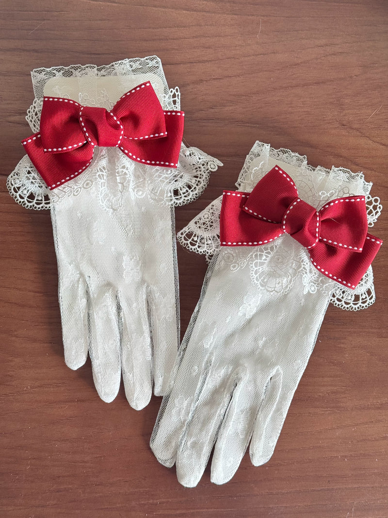 Maidou Christmas Lace Gloves & Bow Options — White Gloves + Red Bows