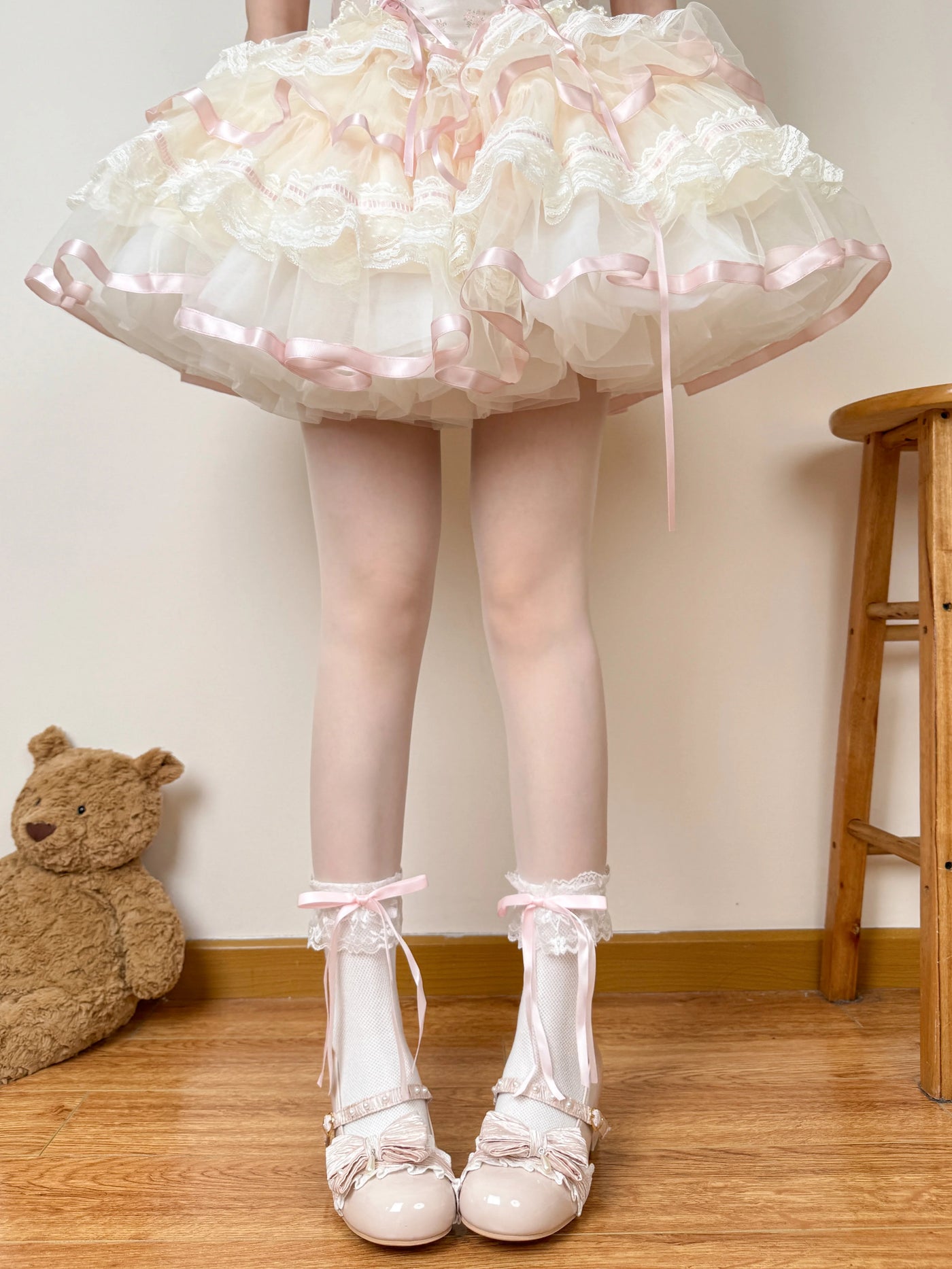 Chubby Bear Tales - Ballet Ribbon - Pink, White, or Black Mid-Calf Socks with Lace