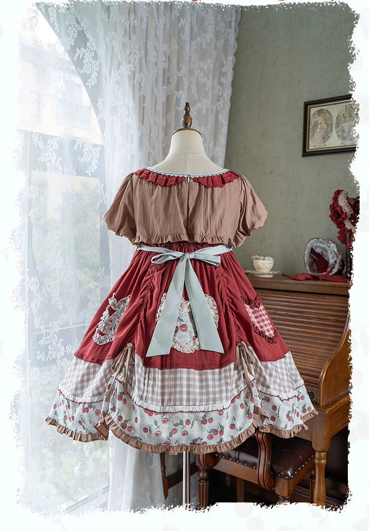 Baozi Pig - Cherry Pastoral - Red OP Dress with Cherry Print
