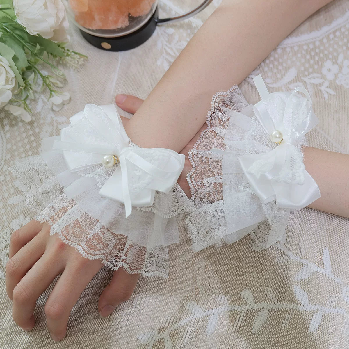 Fantasy Doll - Pearl Bow Lace - Wrist Cuffs with Pearl Accents