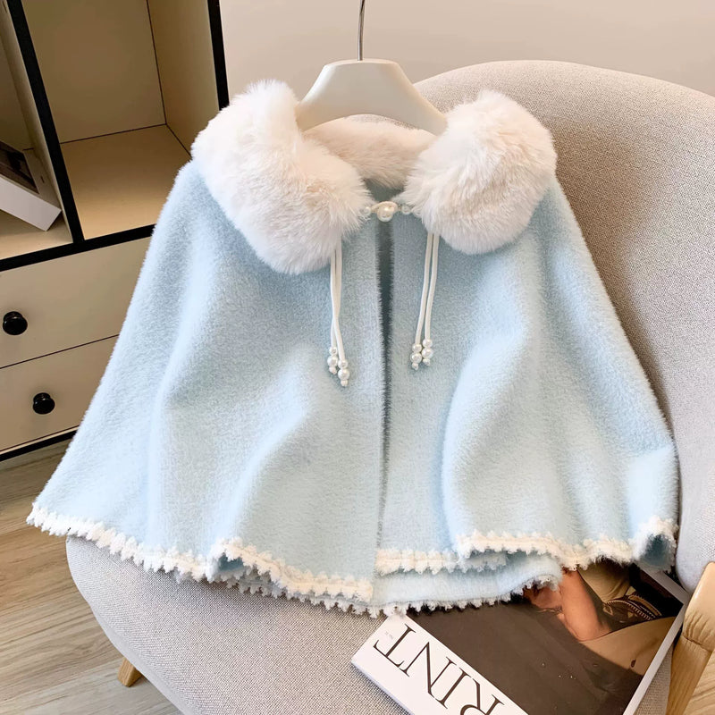 Plush Lolita Winter Capes - Assorted Styles — Blue Faux-Mink-Plush Lace-Trim Cape - Flagship Version