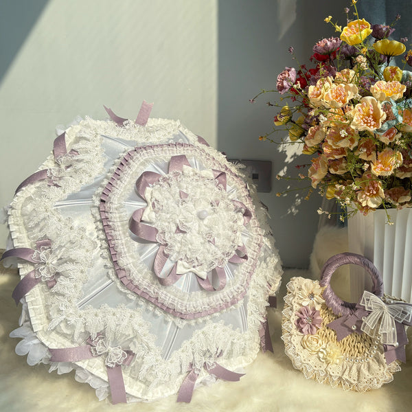 Independent Brand - Purple & White Lace Lolita Parasol and Woven Bags - main product image