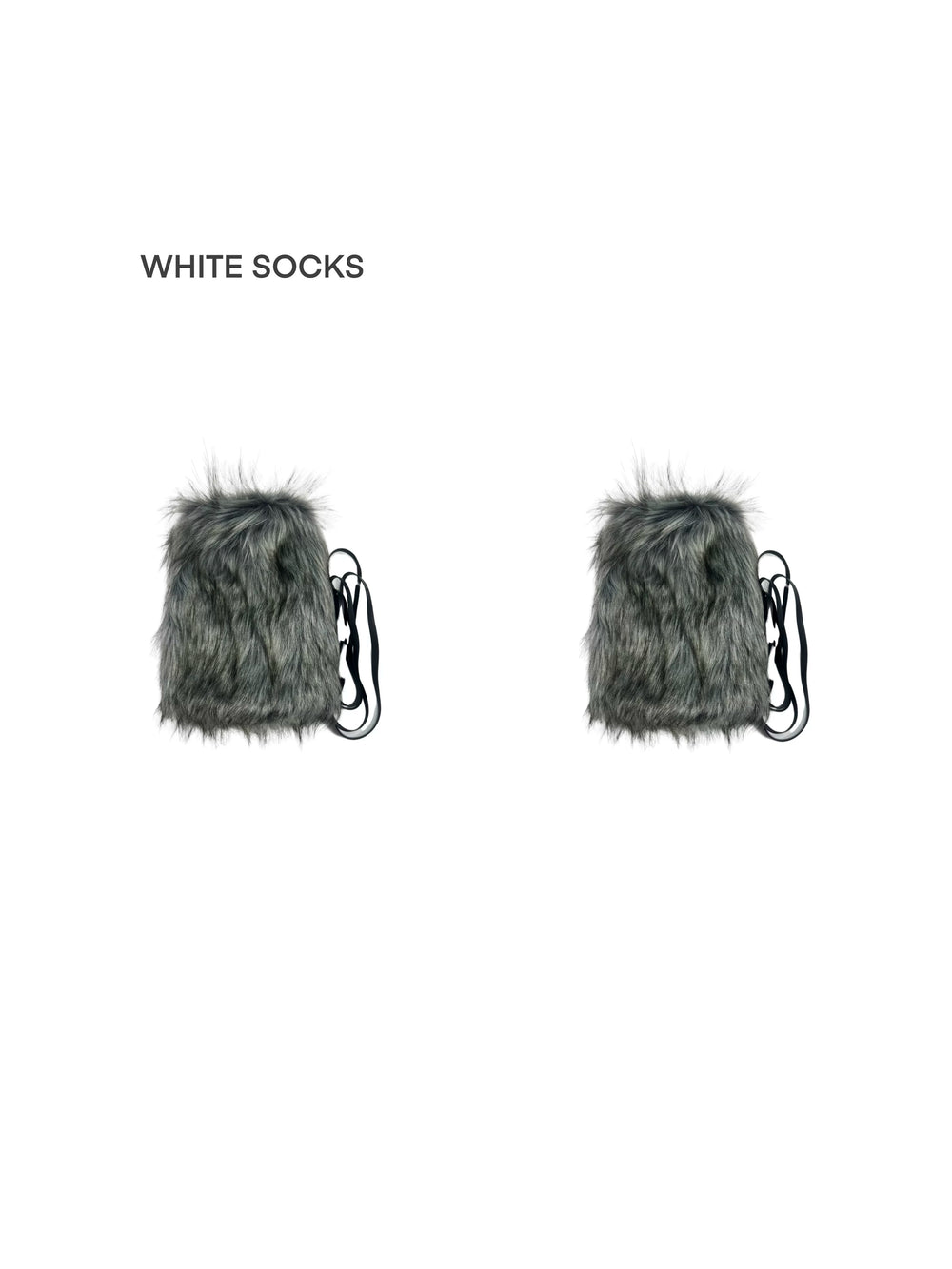 Model wearing gray and white faux-fur leg warmers with black tie straps