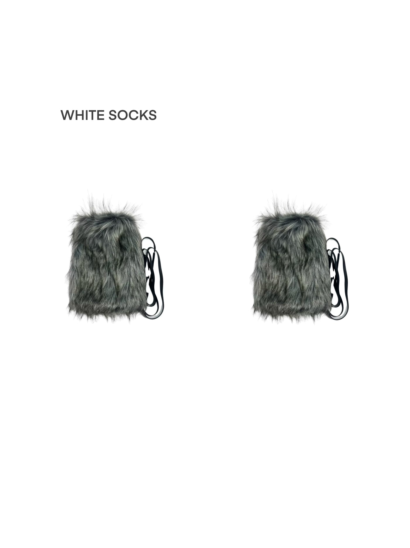 Model wearing gray and white faux-fur leg warmers with black tie straps