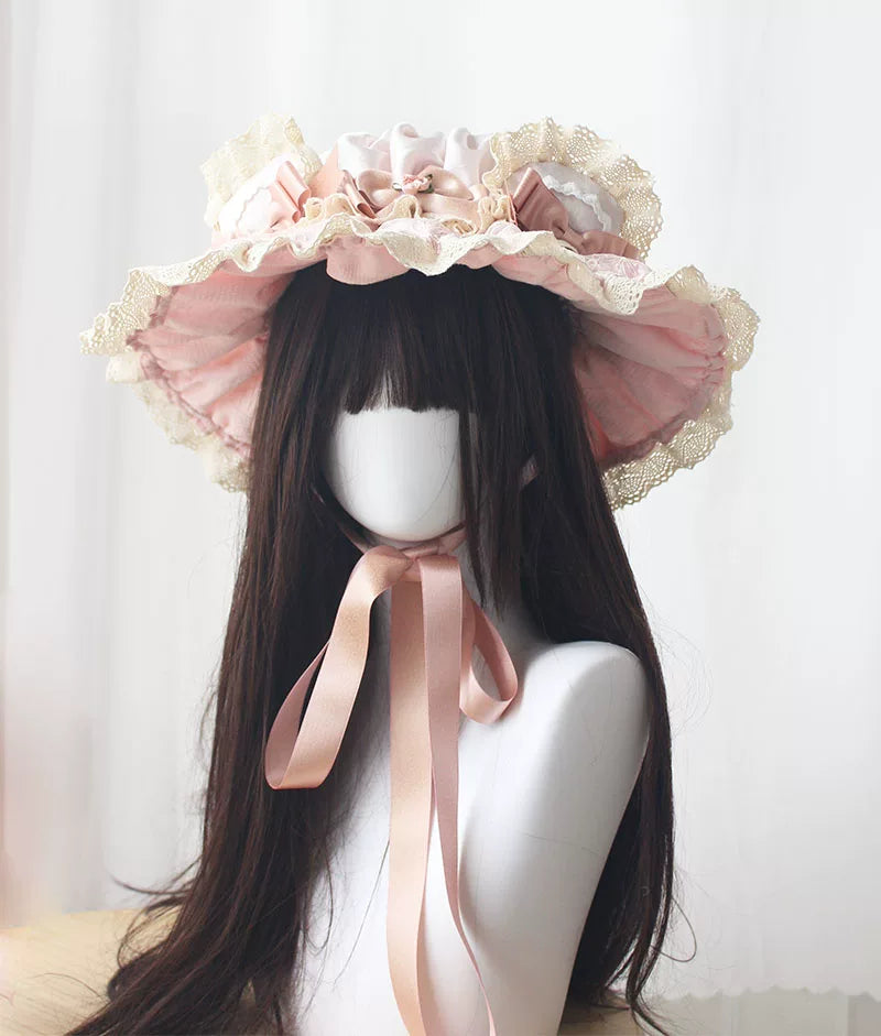 Deer Girl Handmade - Antique Doll Bear - Pink headwear selection with umbrella hat, KC and gift-box small top hat
