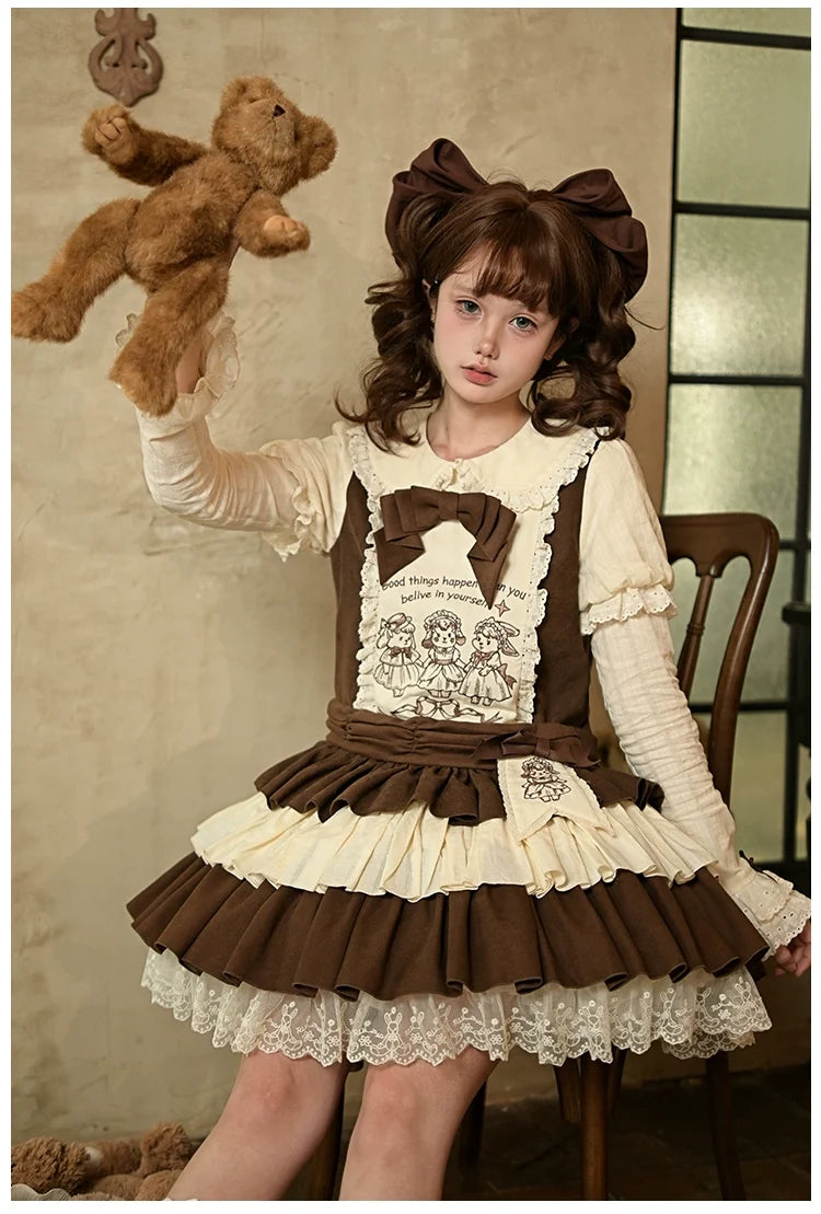 With PUJI - Sugar Frost Tale - Kawaii Lolita OP Button Closure Dress, Lamb & Bunny Embroidery