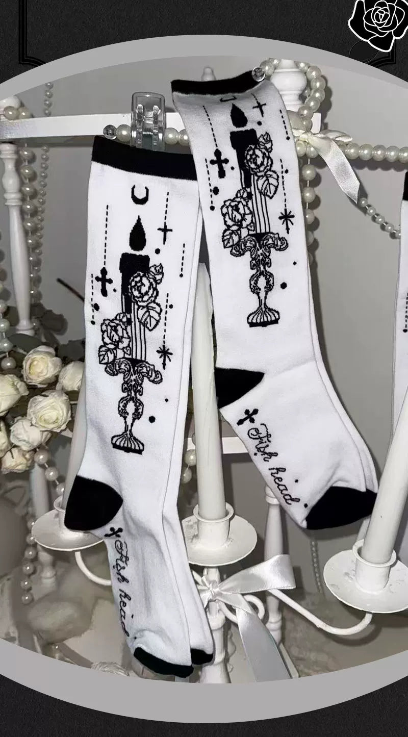 Milky Star Qiaoqiao - Gothic Candlestick - Gothic Candlestick Mid-Calf Socks with Lace Trim