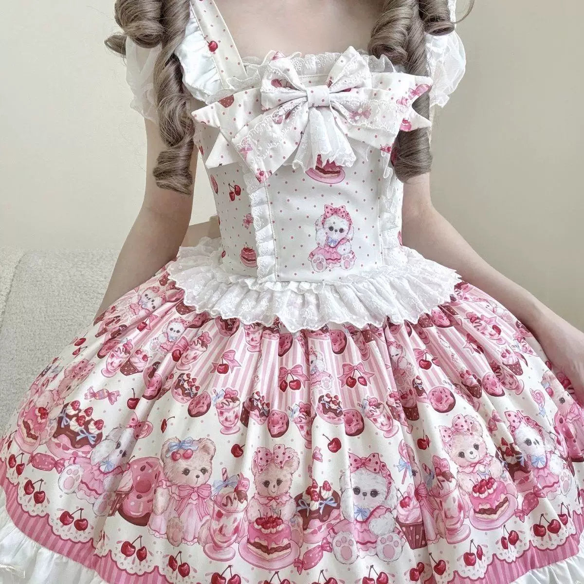 Sweetheart Dream Machine - Candy Bear Picnic - Printed JSK Suspender Dress with Teddy Bear Motif