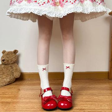 Chubby Bear Tales - Strawberry Kitten - Cotton Mid-Calf Socks with a Red Bow