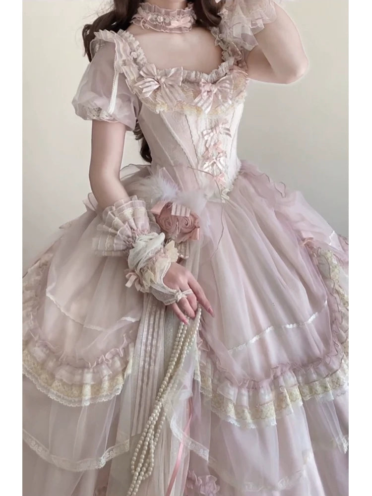 Flora Muse pink Sweet Lolita wedding gown with optional skirt support, tiered ruffled skirt