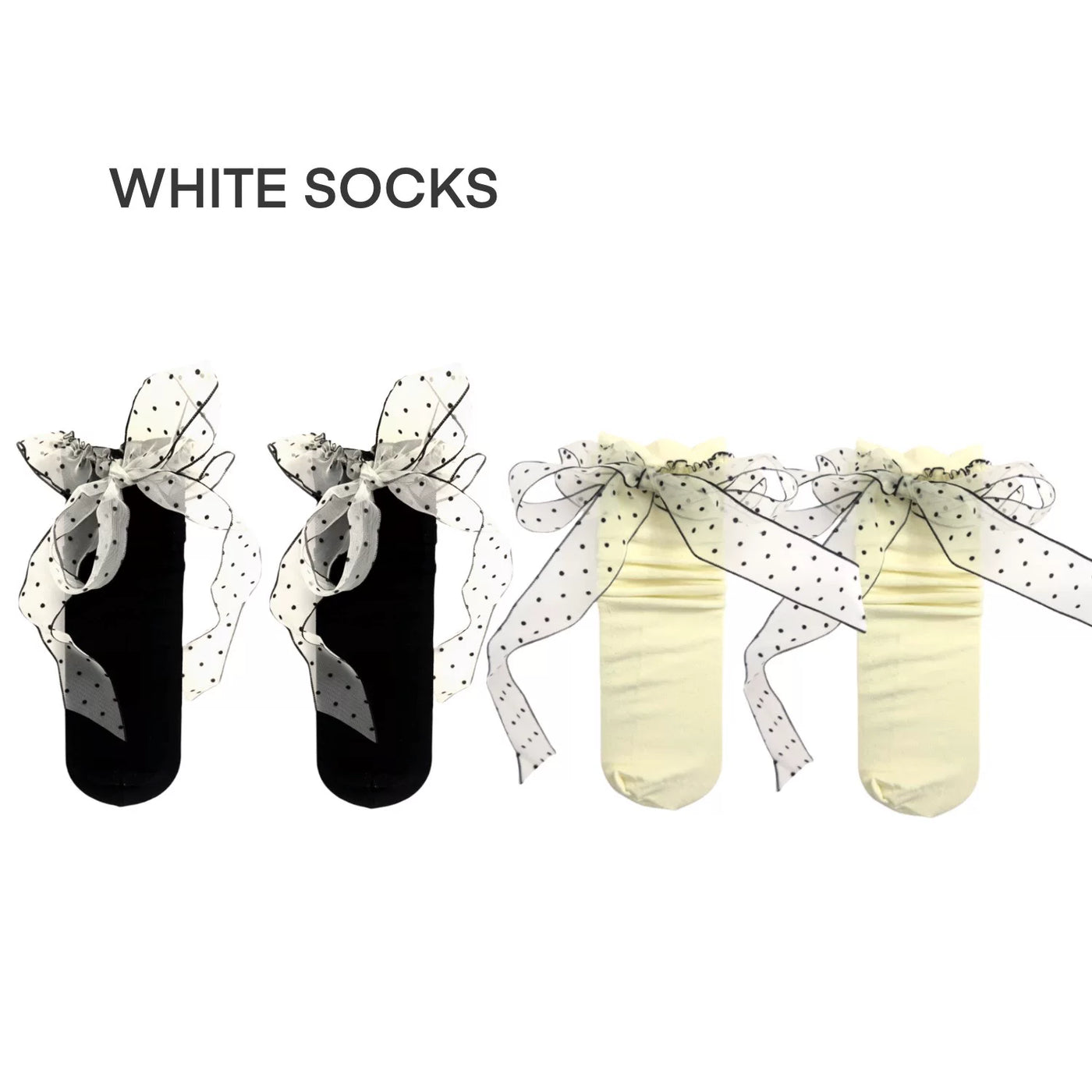White Socks - Ballet Ribbon - Mid-Calf Slouch Socks with Polka-Dot Ruffle Ribbons