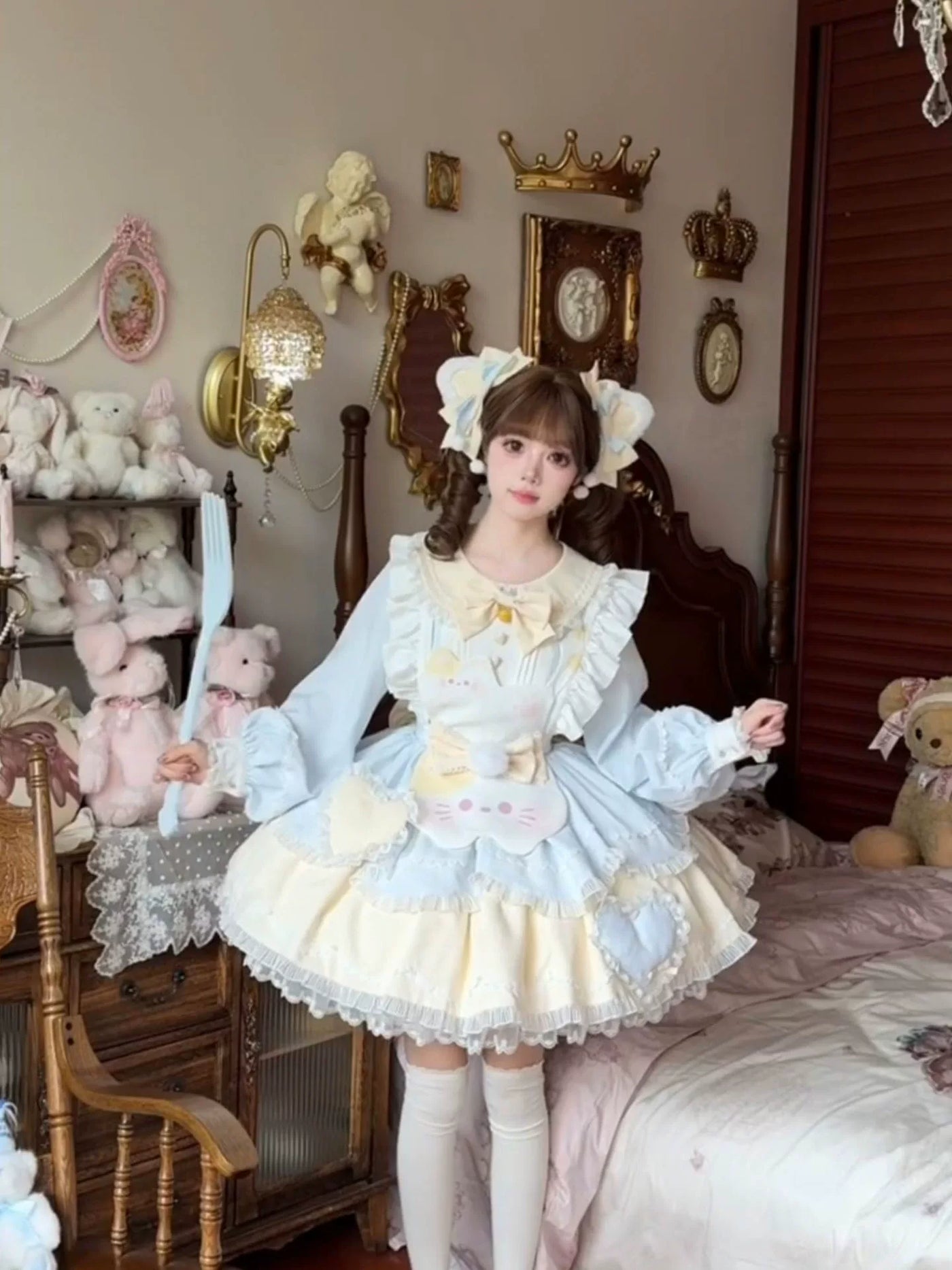Dream Bunny - Tea Cat - Pastel Long-Sleeve OP with Cat Apron