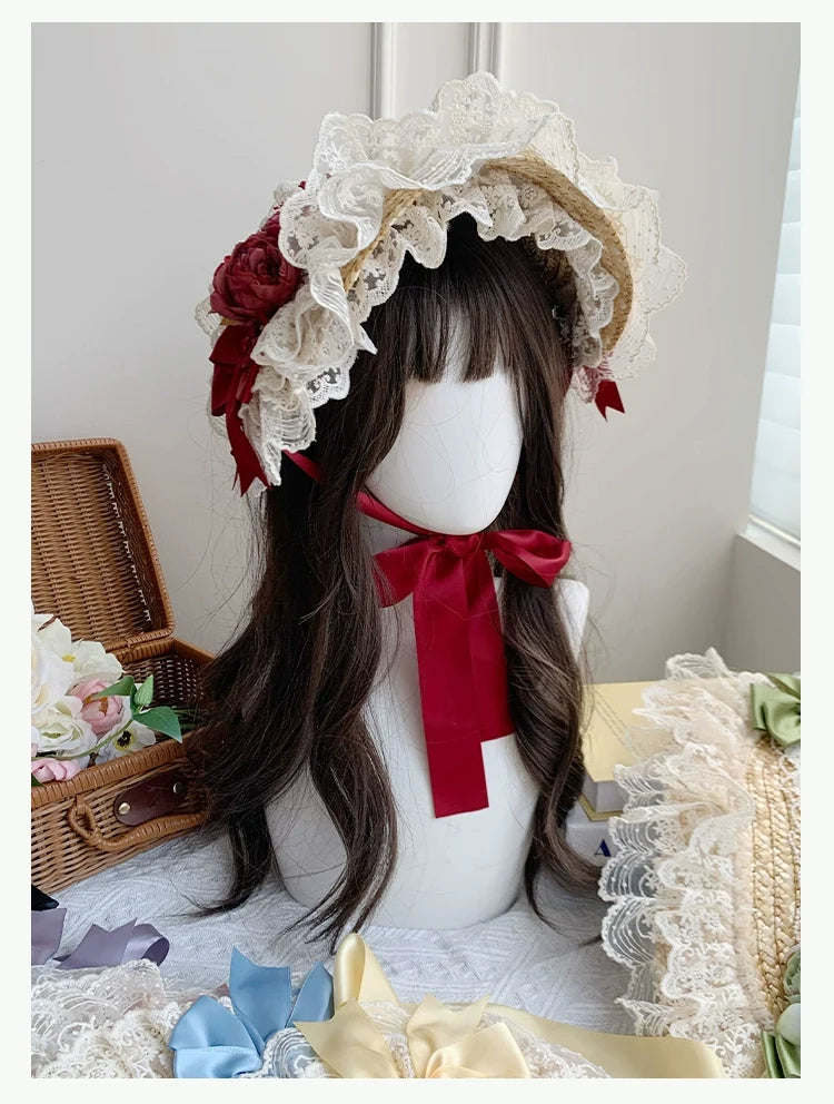 With PUJI - Floral Language - Country Lolita Lace Bow Flat Cap Straw Hat