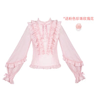 With PUJI - Miss Laura Blouse - Classic Lolita Blouse - Pink Shirt + Pink Pearl Rose - In Stock / S