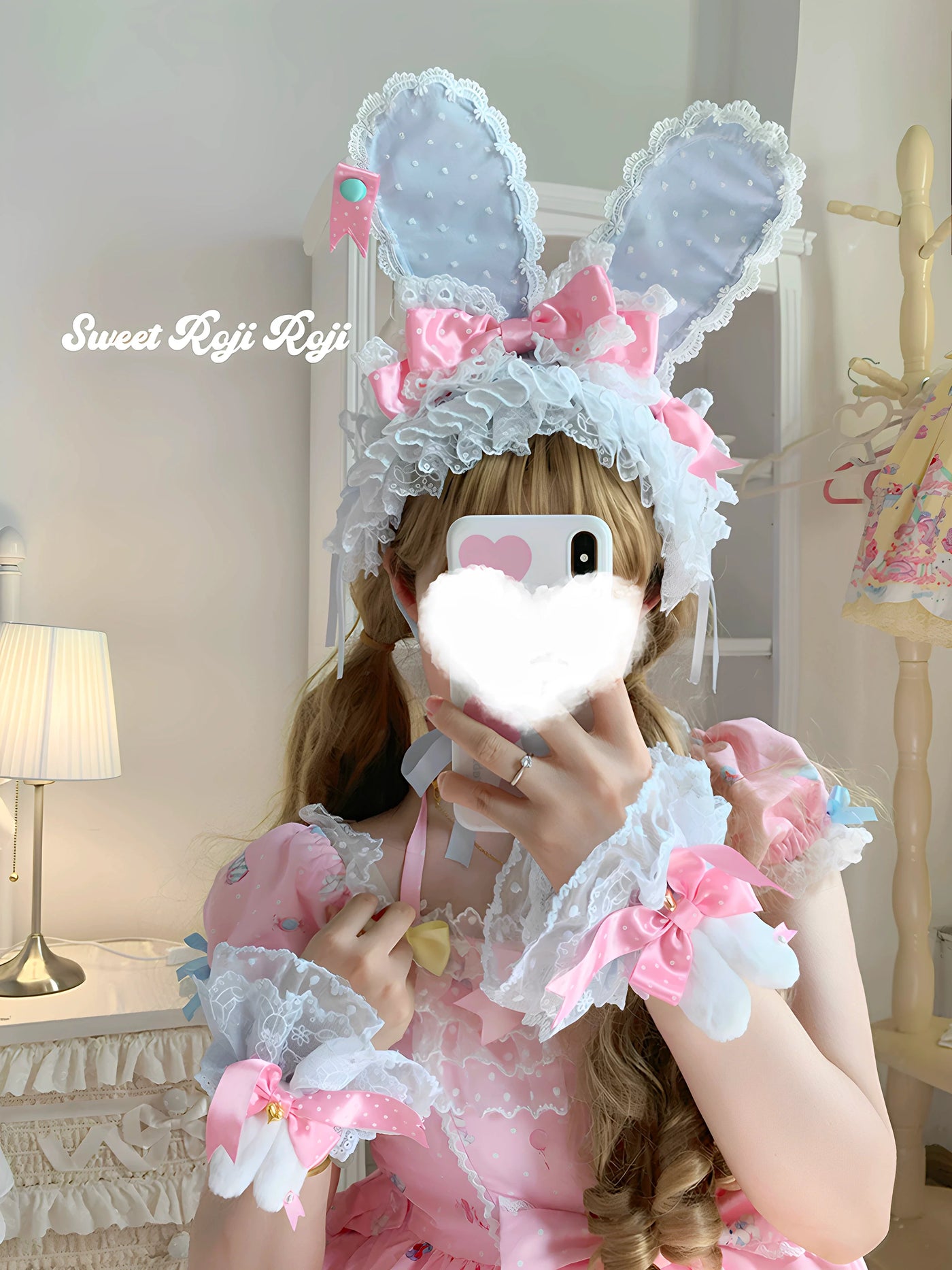 Kawaii Lolita Bunny Ear Hairband, Polka Dot Bow Hairband (blue)