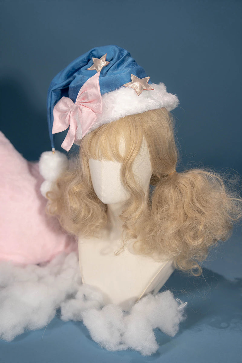 Good Night blue and pink pointed Lolita hat with white pom-pom trim