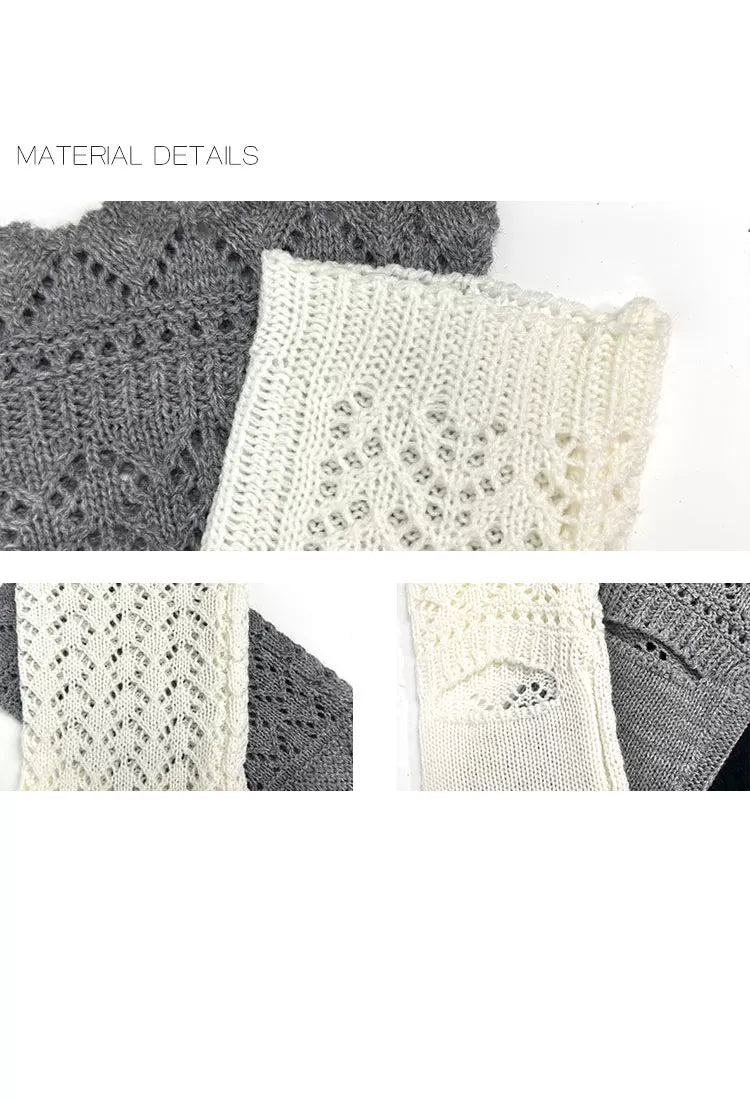 Ivory openwork knit calf sock covers with slouched cuffs worn with white heels.